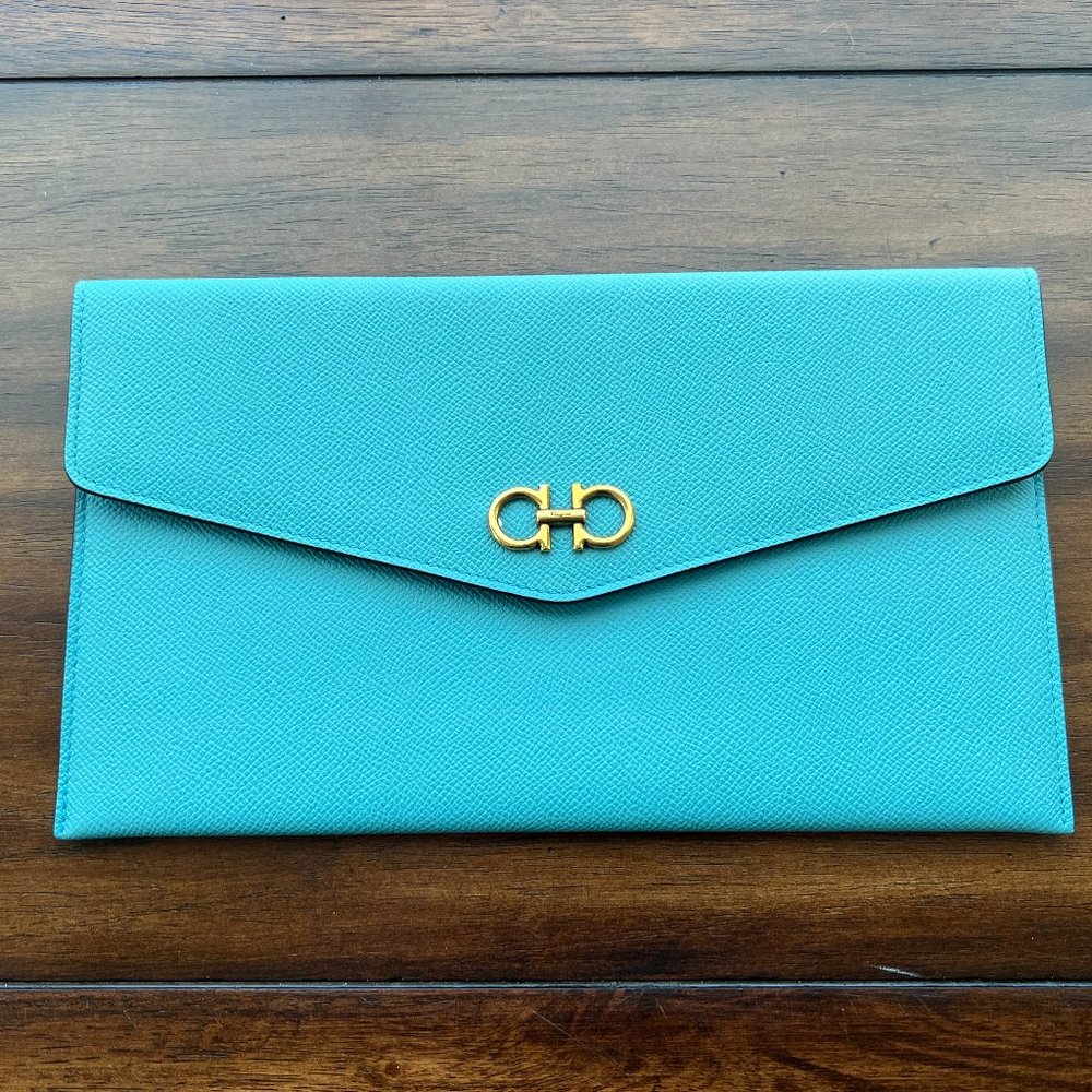 FERRAGAMO Gancini Textured-Leather Envelope Clutch